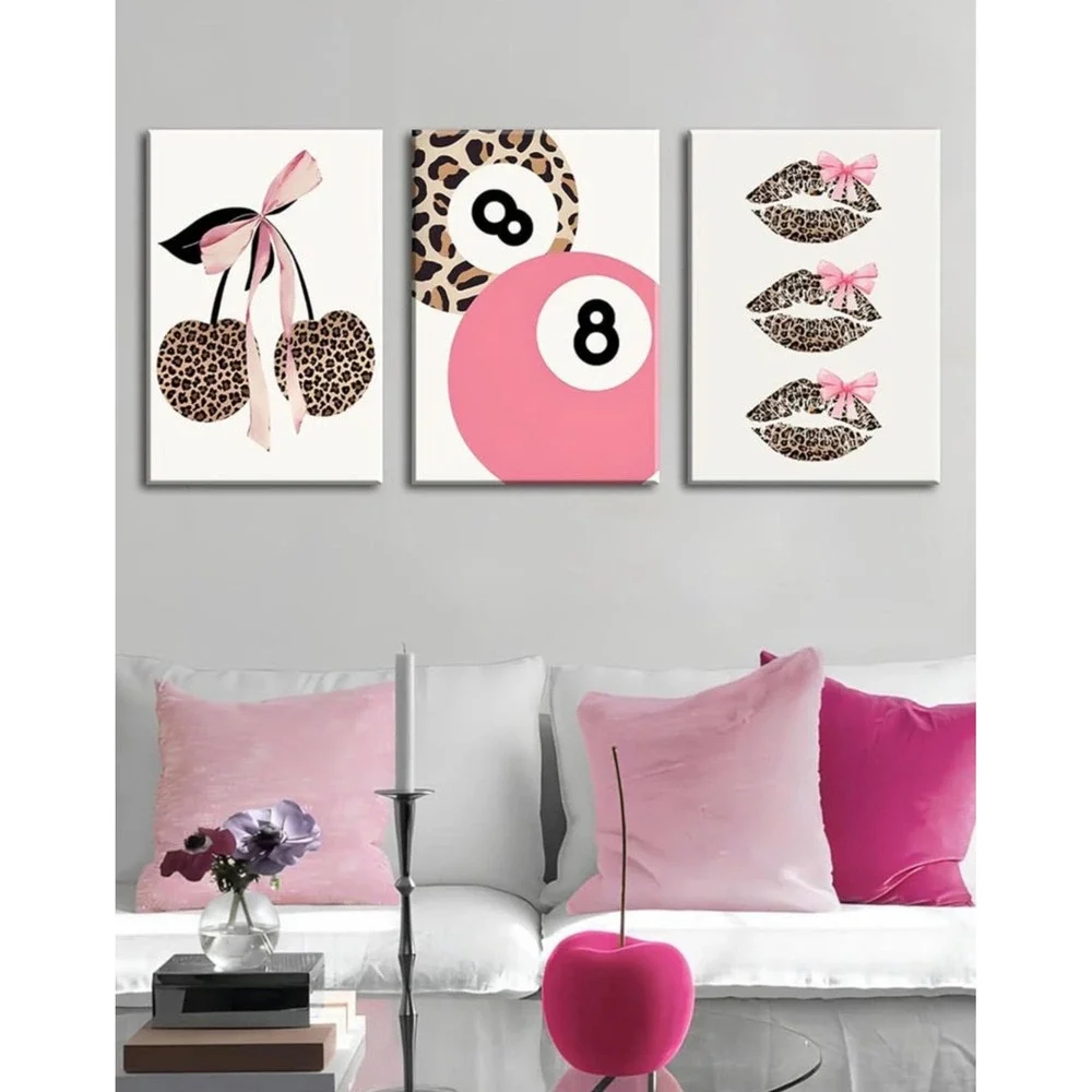 NWT Coquette Leopard Wall Art Set 3 Framed 16x24 Cherry 8 Ball Lips Pink Bow
